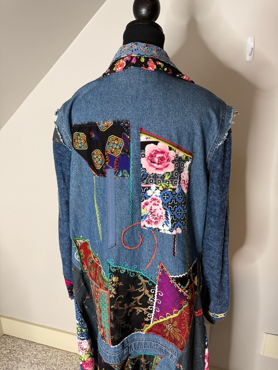 AMBER STUDIOS One Of A Kind Denim Jean Maxi Coat Duster Art To Wear Boho Large - Picture 14 of 16